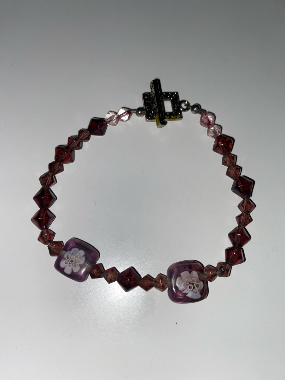 Purple Glass Floral Bead Bracelet